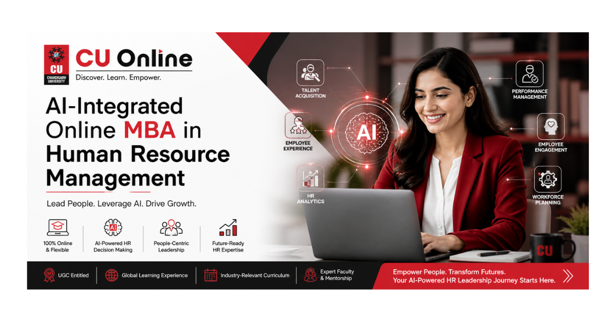 Banner for CU Online AI-integrated Online MBA in Human Resource Management, featuring a professional woman working on a laptop with AI-powered HR concepts like talent acquisition, employee engagement, performance management, and HR analytics.