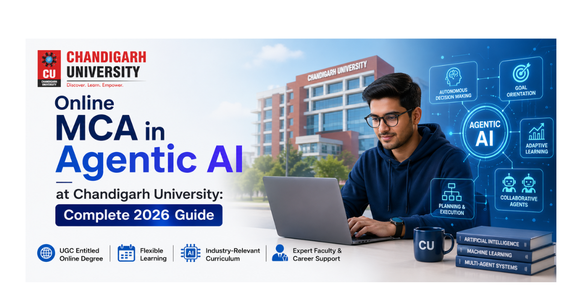 Student studying on a laptop with Chandigarh University campus in the background, promoting an Online MCA in Agentic AI program with features like flexible learning, industry-relevant curriculum, and AI concepts such as autonomous decision-making and adaptive learning.